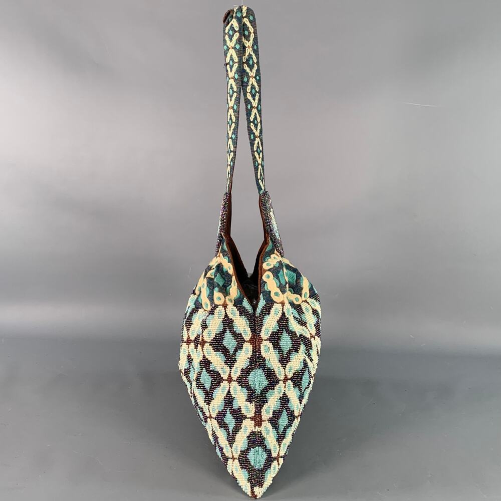 MURIEL BRANDOLINI Blue Brown White Beaded Hand Embroidered Cotton Handbag - Picture 6 of 9
